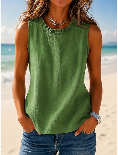  Mulheres Colete de algodão e linho Textura Frufru Côr Sólida Tecido Vintage Sem Manga Gola Redonda Tops regulares Casual Café marrom Preto Amarelo Verde Cinzento Escuro Verão Primavera