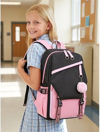  Mädchenrucksack für die Schule, geräumiger Rucksack mit vielen Fächern, Laptop-Tasche aus Polyester mit USB-Anschluss, süßer rosa-schwarzer Reiserucksack für Teenager-Mädchen, Mittelstufe,