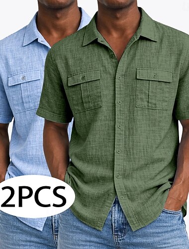  Da uomo Camicia Camicia di lino Camicia Estiva Abbigliamento da spiaggia Camicia con Bottoni Tinta unica Casuale Vacanza Bianco + Verde Bianco + kaki Cachi + Nero Nero+Blu Navy Manica Corta Collo