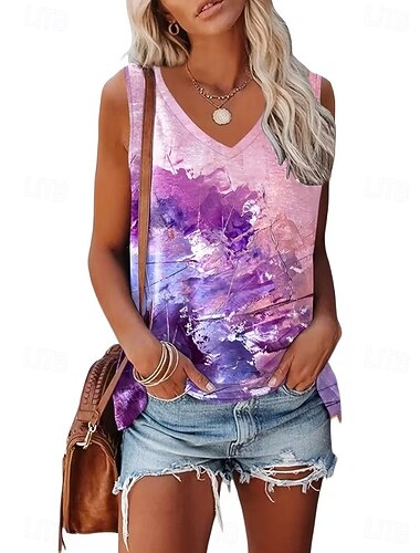  Dames Singlet Afdrukken Grafisch Abstract Stijlvol Basic Klassiek Mouwloos V-hals Croptops Casual blauw Licht Paars Licht Blauw Zomer Lente