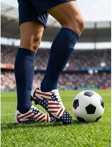  Voetbalschoenen voor heren met Amerikaanse vlagprint - blauw+rood, met antislip rubberen zool, ademend sportschoeisel voor trainingen, fanbijeenkomsten, wedstrijden en buitenactiviteiten.