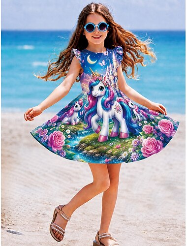  Mädchen' 3D Grafik Cartoon Einhorn Kleid Rüschenkleid Ärmellos 3D-Druck Sommer Frühling Täglich Urlaub Party Niedlich Basic Lässig Kinder 4-12 Jahre Freizeitkleid A Linie Kleid Knielang Normale