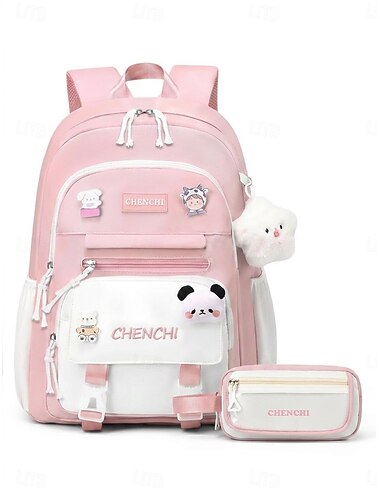  Ensemble de 2 sacs à dos pour filles, idéal pour l'école : grand sac à dos en polyester à poches multiples avec trousse, joli sac de voyage bleu ciel et blanc, bretelles réglables pour l'école