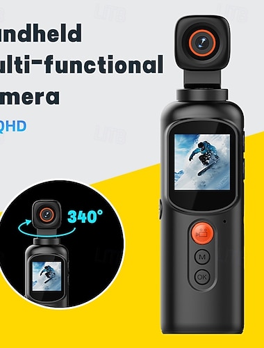  4k qhd håndholdt actionkamera med 340° roterende linse, bærbart vlogkamera for sport &reise, multifunksjonelt lommevideokamera for innholdsskapere, YouTube-vlogging, svart