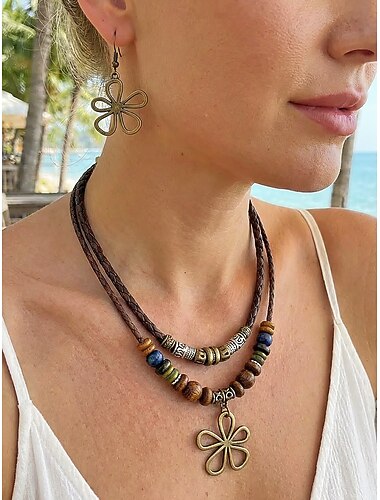  Conjunto de collar y pendientes de aleación estilo bohemio para mujer, joyería con colgante de cruz, flor y luna para festivales de música, vacaciones en la playa y uso diario informal.