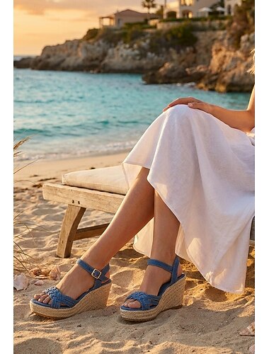  Sandali con zeppa in denim blu da donna - espadrillas casual con cinturini intrecciati e plateau con fibbia alla caviglia, ideali per crociere di lusso e resort tropicali. &eventi estivi sul terrazzo