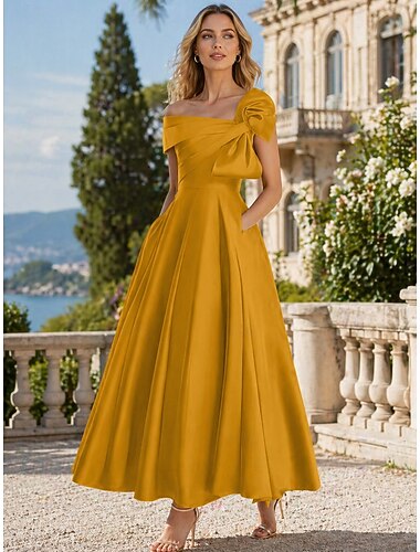  A-Linie Knöchellänge Cocktailkleider Partykleider Elegant seidig Kurzarm Ein-Schulter Hochzeit Formell Rosa Kleid Satin mit Schleife(n)