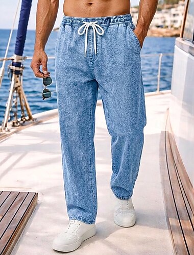  Herren Hose Freizeithose Sommerhose 100% Baumwolle Jeans Kordelzug Elastischer Bund Gerader Schnitt Einfach Komfort Atmungsaktiv Volle Länge Lässig Täglich Outdoor Urlaub Mode Lässiger Schnitt