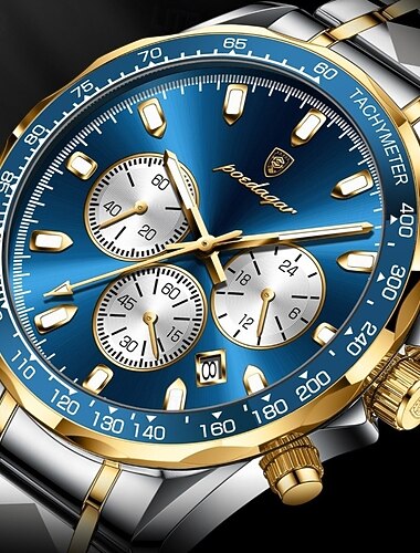  Luxuriöse Herrenuhr, Chronograph, Business-Mode, Edelstahl, wasserdicht, zweifarbig, blaues Zifferblatt, Leuchtzeiger, Datumsanzeige, Tachymeter, Quarzwerk, elegante Herrenuhr – das perfekte Geschenk!