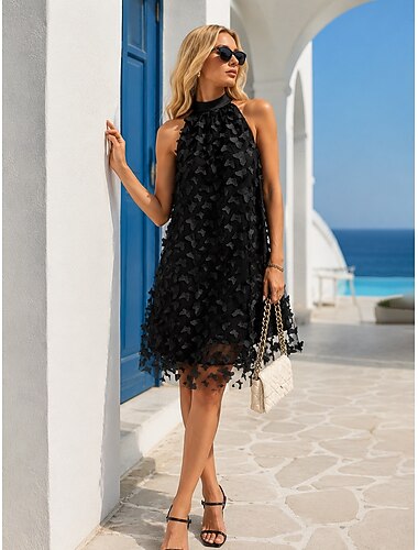  Damskie Sukienka do kolan Sukienka z dekoltem halter Elegancja Moda Impreza Luźna Motyl Bez rękawów Kantarka Czarny Biały Lato Wiosna