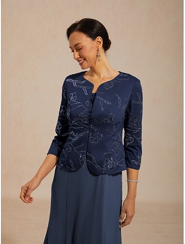  Damesjurkenset met jasje, pailletten en bloemenprint, elegant, 3/4 mouwen, ronde hals, normale pasvorm, geschikt voor avondfeestjes, marineblauw, lente, herfst, winter en zomer.