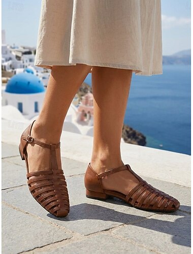  Sandálias femininas marrons estilo pescador - sandálias retrô estilo huarache com salto baixo trançado, tira em T e fivela, ideais para férias em ilhas, passeios turísticos no Mediterrâneo e viagens de verão.