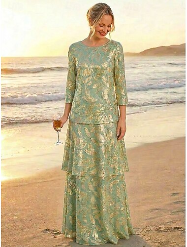  A-Linie Bodenlang Cocktailkleid Kleid für Hochzeitsgäste Brautmutterkleid Dreiviertelarm Rundhalsausschnitt Elegant Formell Hochzeitsgast Semi-Formal vereitelt Jersey mit Falten Stufen Kaskadierende