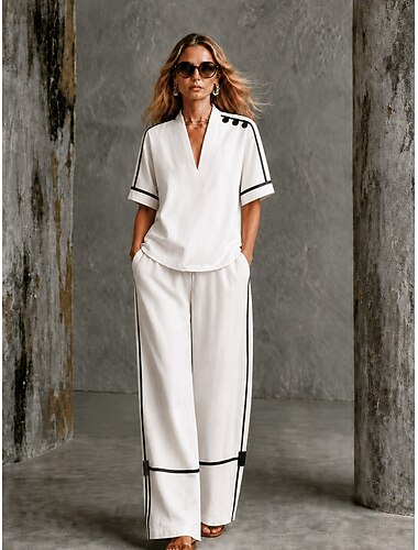  Dam Skjorta Set med bomullslinne Byxuppsättningar Kortärmad V-hals Blommig Grafisk Geometrisk Mönster Semester Mode Streetwear Ledigt Dagligen Utomhus Svart Vit Vår & sommar Lös passning