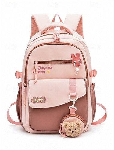  Schulrucksack für Teenager-Mädchen, geräumiger Polyester-Schulrucksack mit vielen Fächern, süßes Rosa &brauner Reiserucksack mit Bärenanhänger, verstellbare Träger, Grundschule &Mittelschulnutzung
