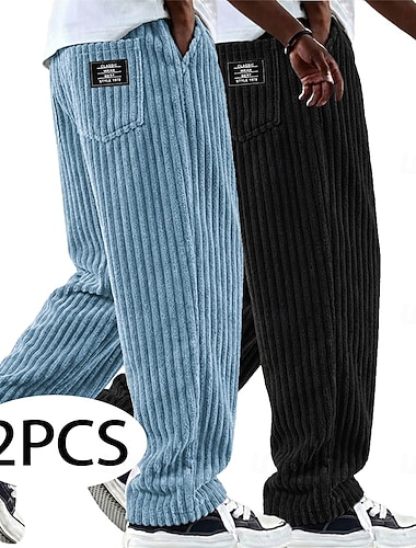  Conjunto de 2 calças masculinas de veludo cotelê, ideais para o inverno, casuais, largas, com cordão na cintura, corte reto, cores sólidas, confortáveis, comprimento total, casuais, para uso diário,