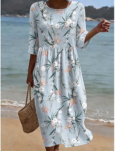  Mujer Vestido Midi Vestido de verano Vacaciones Casual Boho Festivos Ajuste regular Floral Graphic Media Manga Cuello Barco Azul Piscina Púrpula Claro Naranja Beige Verano Primavera