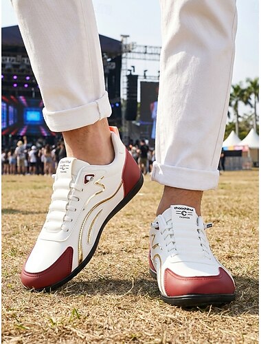  Sneakers da uomo bianche e rosse per festival musicali - comode scarpe casual con lacci - calzature basse ed eleganti per concerti, festival, feste all'aperto e streetwear quotidiano