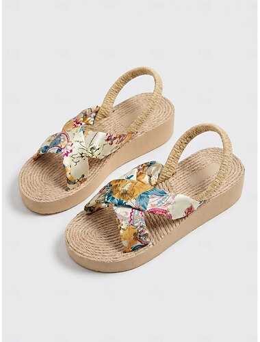  Damessandalen met bloemenprint en satijnen kruisbandjes - bohemian platform espadrilles met gevlochten touwzool &Elastische rugband voor strandvakanties en zomercruises. &resortkleding