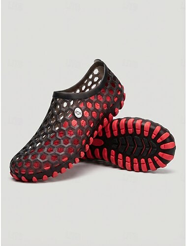  Chaussures de jardin ajourées noires et rouges pour femmes - respirantes, faciles à enfiler, à séchage rapide, idéales pour la plage et l'eau. Légères et antidérapantes, elles sont parfaites pour le
