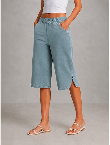  Mulheres Jeans Ganga Calças Capri Perna larga Moda Comprimento da panturrilha Cintura Média Conforto Com Stretch Férias Formal Preto Azul Claro Cinzento Verão Primavera Normal