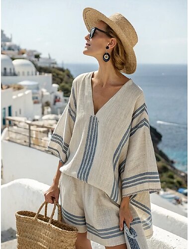  Dames Overhemd Tweedelige sets Lange mouw 3/4 mouw V-hals Gestreept Bohemen Vakantie Modieus Casual Dagelijks Vakantie Polijsten Beige Grijs Zomer Normale pasvorm