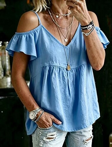  Damen Hemd Bluse Einfach Elegant Bohemien Kurzarm Rüschenärmel V Ausschnitt Normale Oberteile Strand Wochenende Blau Schwarz Kaki Militßrgrün Aprikose Sommer Frühling