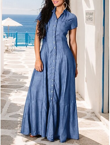  Mulheres Vestido Longo Vestidos Para o Verão Vintage Férias Normal Cor imaculada Manga Curta Colarinho de Camisa Azul Azul Claro Preto Primavera
