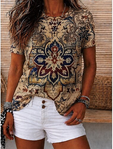  Dames T-shirt Afdrukken Bloemig Grafisch Geometrisch Vintage Stijlvol Casual Korte mouw Strakke ronde hals V-hals Ronde hals Normale tops Casual Dagelijks Weekend Bruin Groen Zomer Lente Herfst Winter