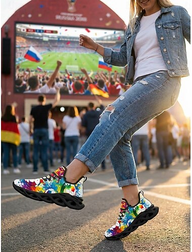  Scarpe da ginnastica da donna con stampa graffiti, scarpe da passeggio slip-on multicolore, calzature leggere e traspiranti per il calcio e gli eventi per i tifosi. &abbigliamento quotidiano