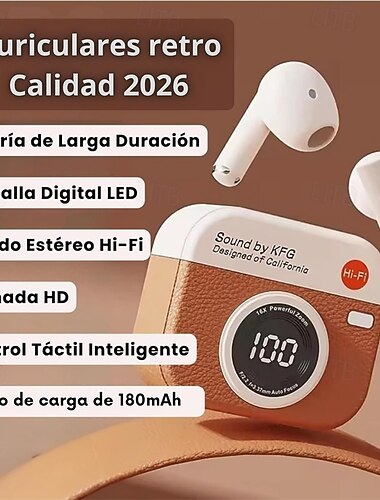  Fones de ouvido sem fio estilo câmera retrô, Bluetooth 5.3 com estojo de carregamento com indicador de bateria em LED, som estéreo de alta fidelidade. &Fones de ouvido com microfone HD, controle de