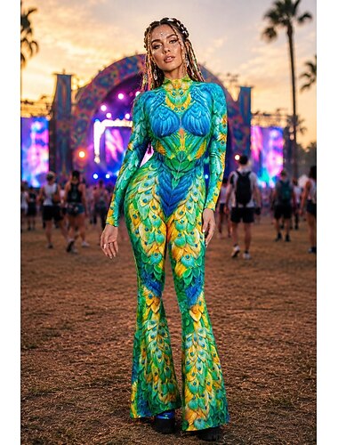  combinaison Costume grenouillère Pantalon évasé Impression Femmes Rave Perruche Costume pour Festival de Musique Halloween Carnaval Adultes