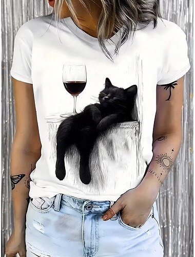 Dames T-shirt Afdrukken Grafisch dier Kat Vintage Stijlvol Klassiek Korte mouw Strakke ronde hals Ronde hals Normale tops Casual Dagelijks Wit Zomer Lente