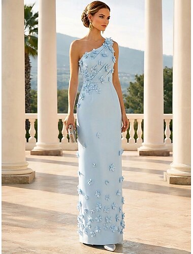  Tubino Colonna Lunghezza al pavimento Abito da Sera Abito formale Elegante Floreale Senza Maniche Monospalla Festa in giardino Matrimonio Raso con Fiori 3D Pieghe