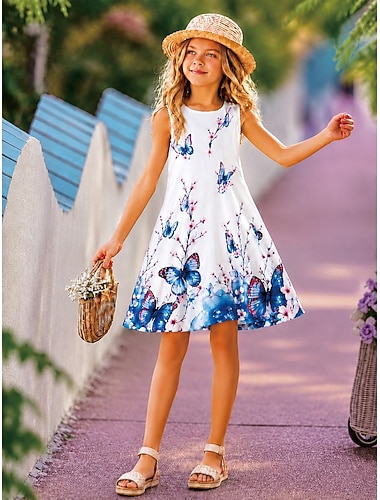  Bambini Ragazze Abito Grafico Farfalla Senza Maniche Casuale Feste Performance Casual Bello Dolce Poliestere Lunghezza al ginocchio Abito a Tubino Vestito Casual Estate Primavera 4-12 Anni Blu Viola