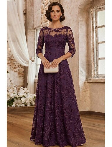  A-linje Klänningar Golvlång Spetsklänning Klänning till brudens mor 3/4 ärm Båthals Elegant Vintage Lyxig Formell Bröllopsgäst Semiformell Spets med Broderad Applikationsbroderi