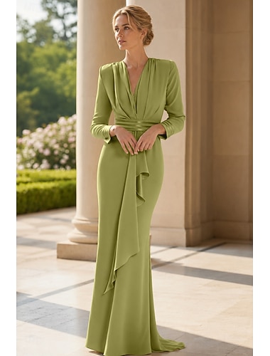  Strandbröllop kroppsnära brudmods klänning formell bröllopsgäst elegant fest V-hals svepa  borsta tåg stretch chiffon lång ärm med draperad ruching skräddarsydd storlek