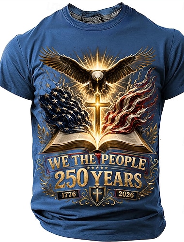  4 juli 2026 250:e Herr USA: s flagga 1776 T-shirt Kortärmad T-shirt 3D-tryck Rund hals Skjorta Patriotisk Dagligen Festival Blå Svart Rubinrött Sommar Vår Kläder S M L XL XXL XXXL