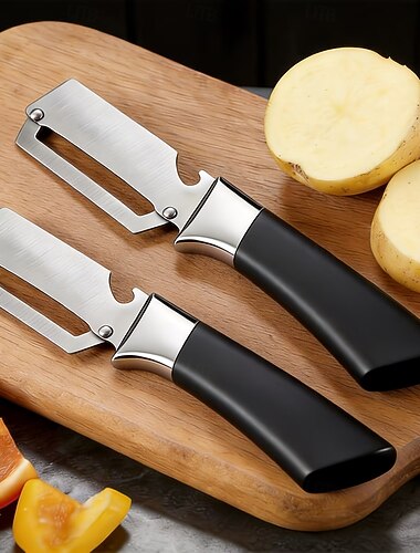  2-teiliges Set multifunktionaler Edelstahl-Schäler und Flaschenöffner, 2-in-1-Küchenhelfer, robuster Obst- und Gemüseschäler für Kartoffeln, Karotten, Gurken und Äpfel, ergonomischer Griff, manuelle