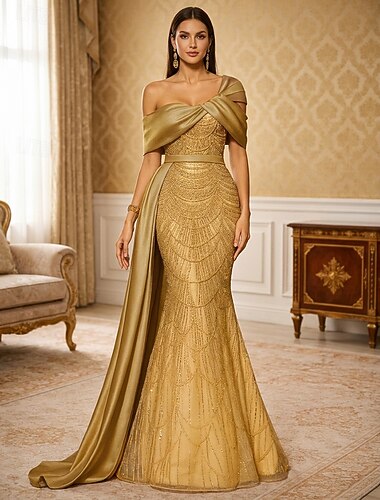  Meerjungfrauenschnitt Bodenlang Ballkleid mit Cape Abendkleid Festliche Kleidung Elegant Glitzernd Glitzern Ärmellos Schulterfrei Hochzeit Formell Paillettenbesetzt mit Glitzer