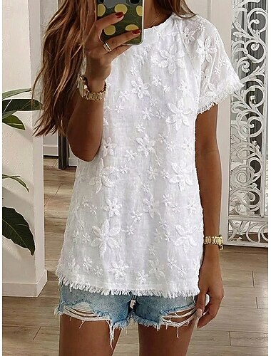  Dame Bluse Blonde topper Blonde Broderi Blomstret Stilfull Moderne Kortermet Crew-hals Lange topper Daglig Ferie Høst Hvit Sommer Vår