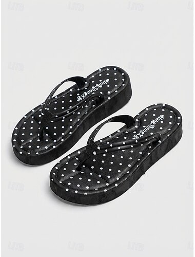  Dames zwarte platform slippers met stippen - chique sandalen met sleehak en stippenpatroon voor strandvakanties en zomerse zwembadfeestjes &reizen naar tropische resorts