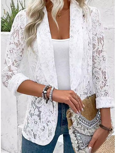  Dam Skjorta jacka Vardaglig jacka Spetsjacka Lättvikt Spets Öppen front Elegant Broderi Ledigt Helgen Öppen front Normal Sjal Normal Långärmad Ytterkläder Svart Vit Sommar Vår