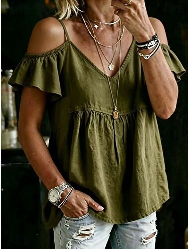  Dames Overhemd Blouse Effen Kleur Effen Elegant Bohemen Mouwloos Korte mouw Ruche mouw V-hals Lange tops Casual Strand Weekend blauw Khaki Zwart Groen Beige Zomer Lente