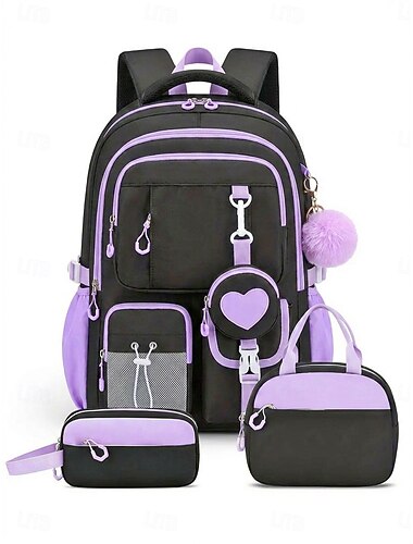  Set di 3 zaini per ragazze adolescenti per la scuola, borsa scolastica in poliestere capiente con molteplici tasche e astuccio. &borsetta, graziosa borsa da viaggio viola e nera, tracolla regolabile