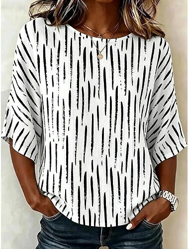  Damen Hemden in Leinenoptik Bluse Druck Grafik Geometrisch Gestreift Bohemien Tropisch Stilvoll Dreiviertelarm Halbarm Rundhalsausschnitt Normale Oberteile Lässig Täglich Urlaubskleidung Weiß Sommer