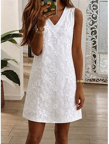  Dames Mini-jurk Witte kanten jurk Elegant Modieus Strand Vakantie Feestdagen Normale pasvorm Bloemig Mouwloos V-hals Wit Zomer Lente