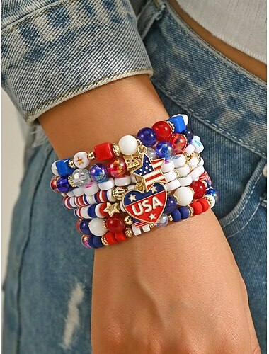  Set di braccialetti da donna con bandiera USA - braccialetti patriottici multistrato impilabili con cuore e stella &Ciondoli a forma di croce per il 250° anniversario dell'indipendenza americana,