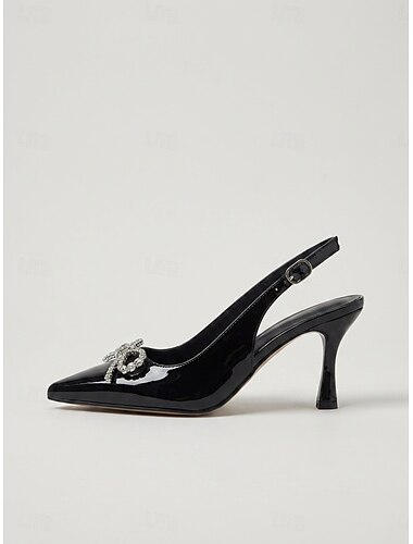  Sorte slingback-hæle til kvinder i lakeret materiale - elegante spidse tåsko med rhinstenssløjfe til cocktailparties og aftenarrangementer