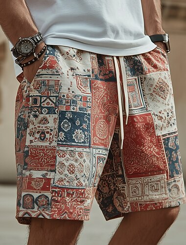  Voor heren Boho Kleurenblok Lapwerk Sweat short Strandshorts Badstof korte broek Medium Taille Etnisch Retro vintage Casual Strandvakantie 3D-afdrukken Elastische tailleband met trekkoord Ontwerper